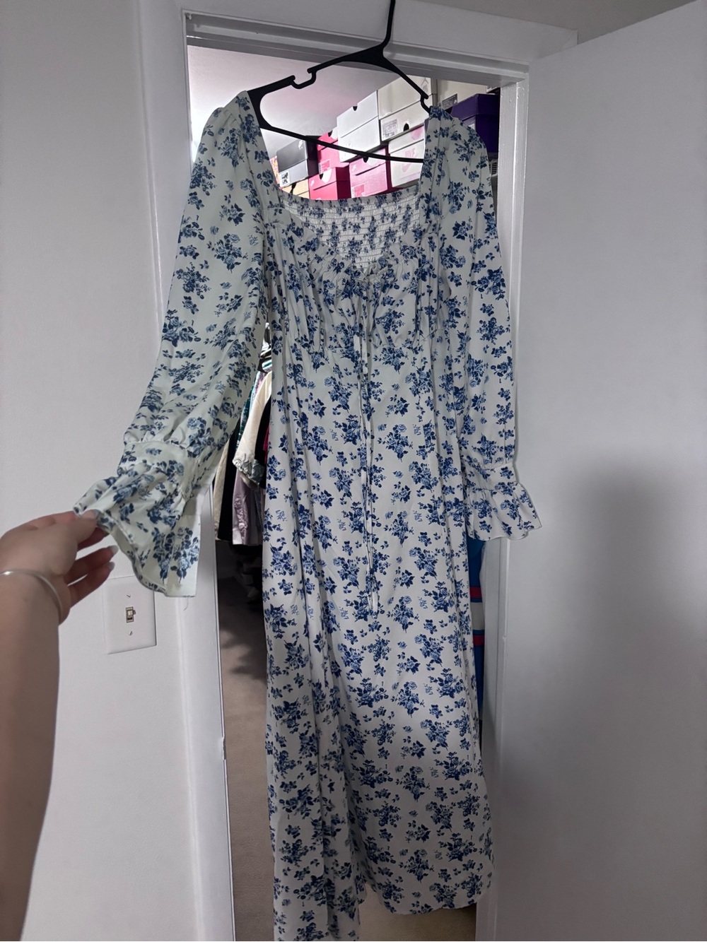 SHEIN Cream Maxi Dress with Blue Floral Print